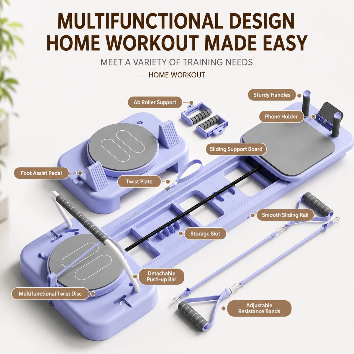 Foldable Portable Pilates Reformer Board with Resistance Bands Eco‑Friendly Home Body Workout Machine