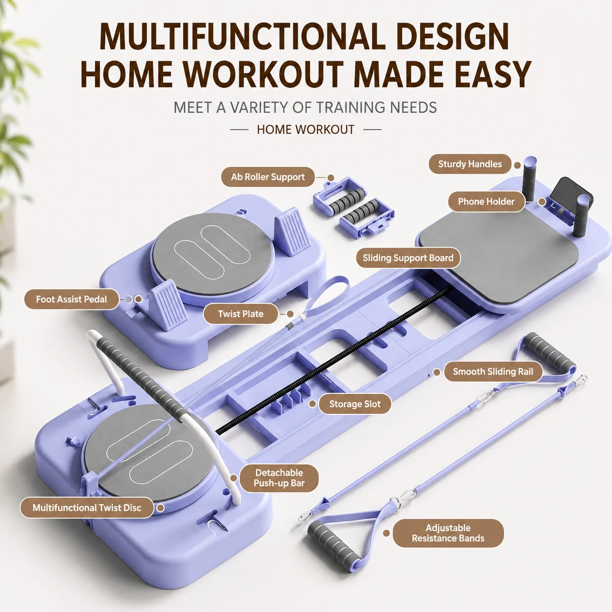 Foldable Portable Pilates Reformer Board with Resistance Bands Eco‑Friendly Home Body Workout Machine