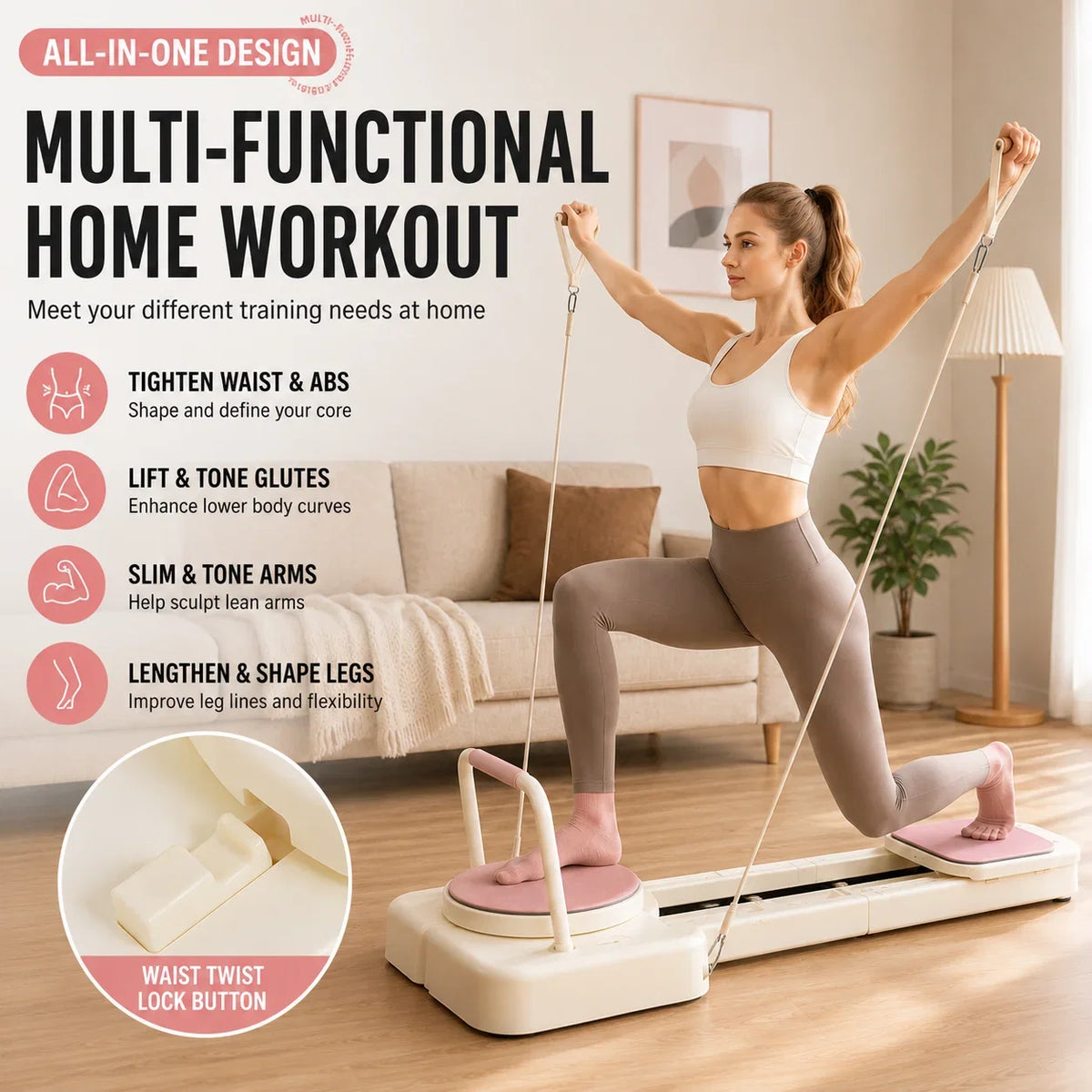 Foldable Portable Pilates Reformer Board with Resistance Bands Eco‑Friendly Home Body Workout Machine