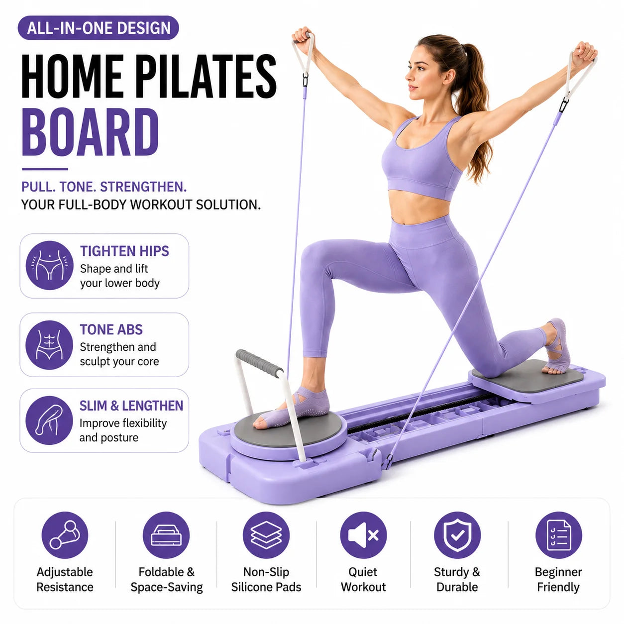 Foldable Portable Pilates Reformer Board with Resistance Bands Eco‑Friendly Home Body Workout Machine