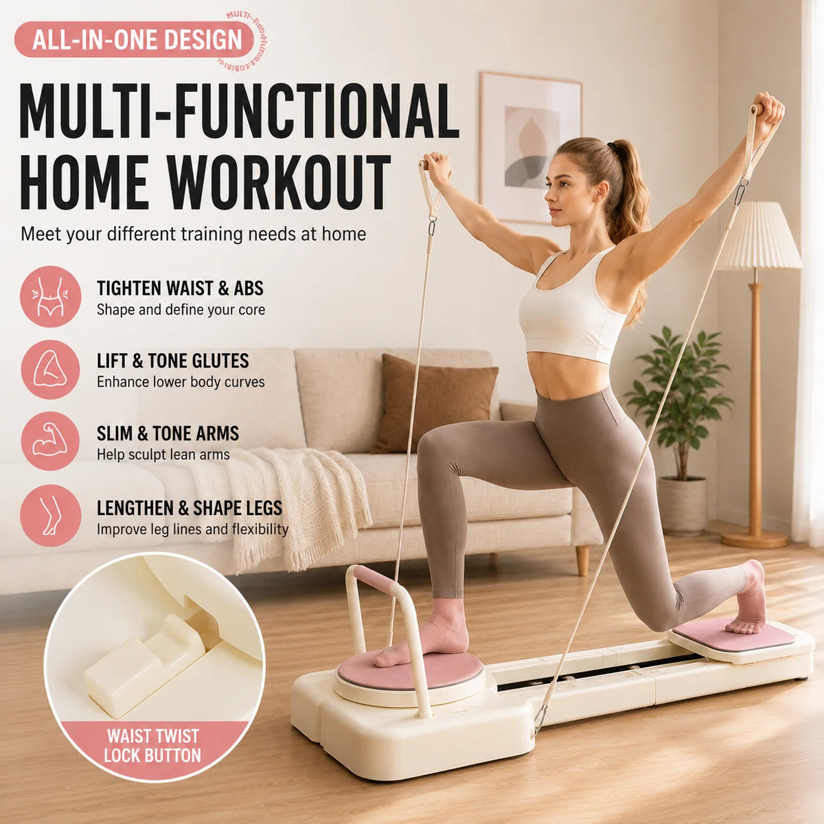 Foldable Portable Pilates Reformer Board with Resistance Bands Eco‑Friendly Home Body Workout Machine